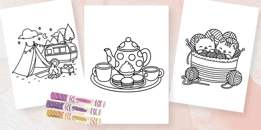 Three free printable cozy coloring pages by Myra Rosewood: a camping scene, a teapot, and a basket of yarn