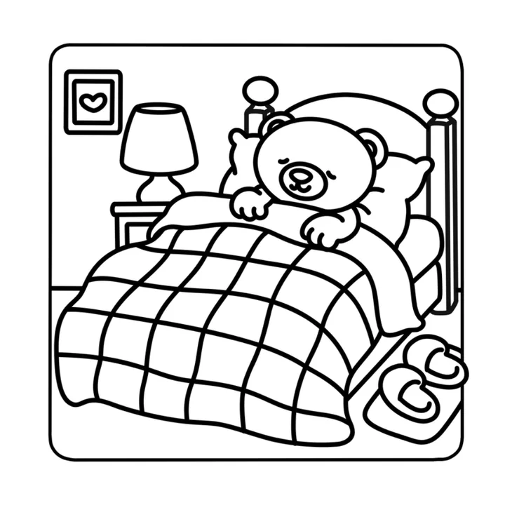 Free cute bear coloring page: a bear asleep in bed under a patchwork quilt