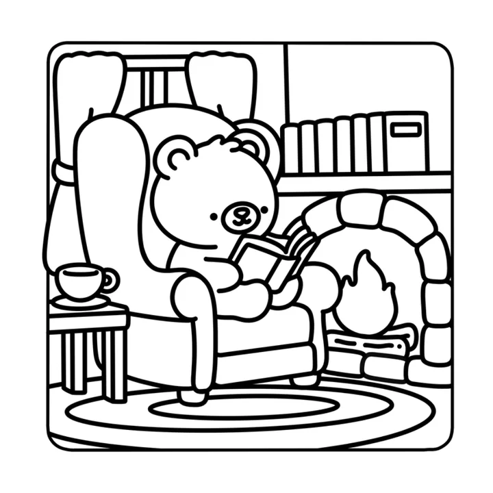 Cozy bear coloring page: a bear reading a book in an armchair by the fireplace
