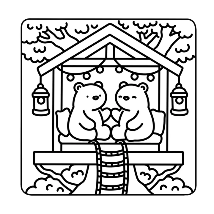 Cute bear coloring page: two bears in a wooden treehouse with a ladder