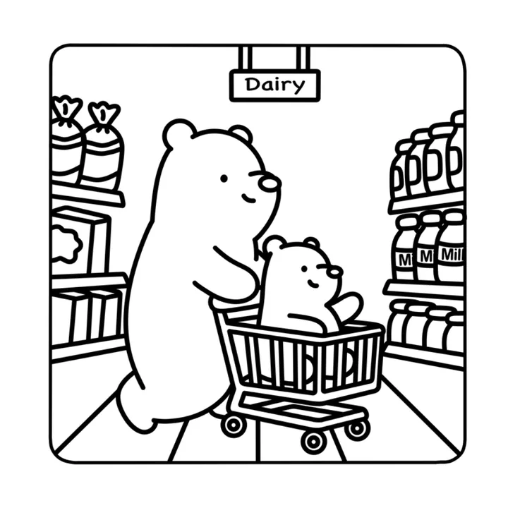 Cute bear coloring page: a big bear and a little bear shopping with a cart at the store
