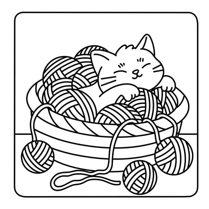 Cute cat coloring page: a kitten napping in a basket of yarn