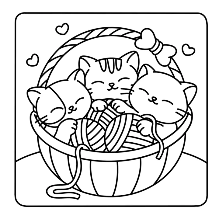 Cute cat coloring page: three kittens cuddling in a basket