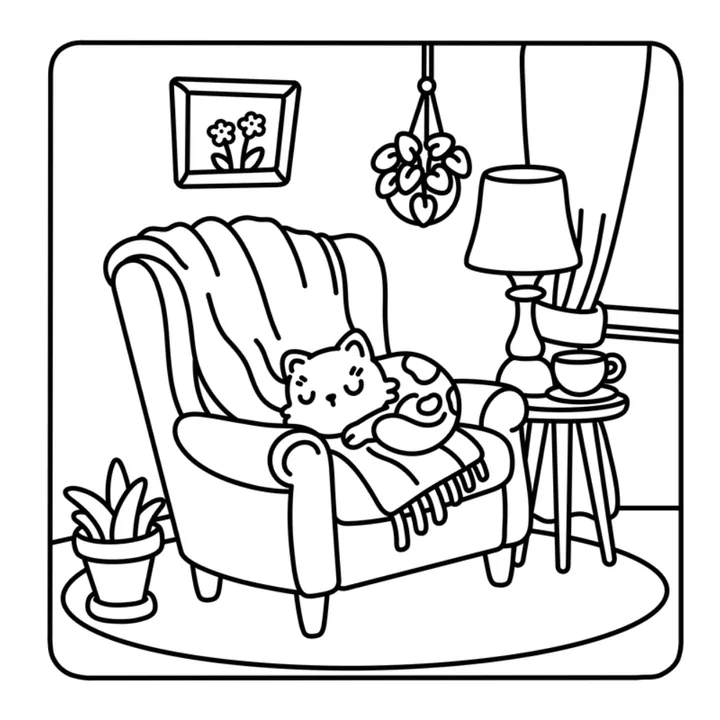 Cozy cat coloring page: a cat curled up asleep on an armchair