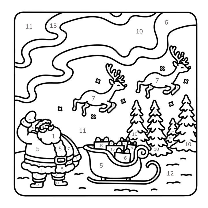 Christmas color by number page: Santa waving at his flying reindeer and sleigh under the northern lights