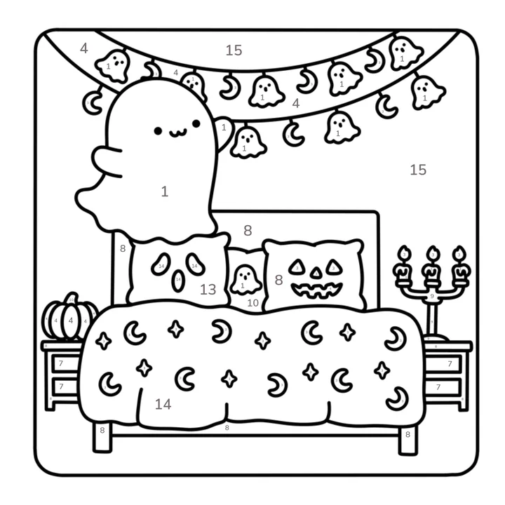 Halloween color by number page: a friendly ghost in a cozy bedroom with moon and star bedding