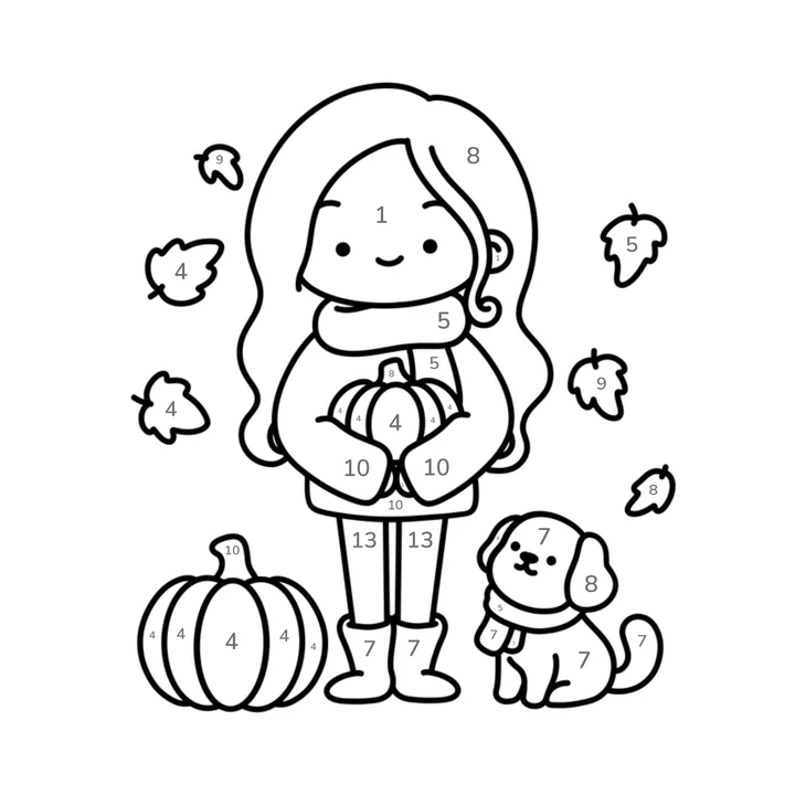Fall color by number page: a girl hugging a pumpkin with her puppy and falling leaves