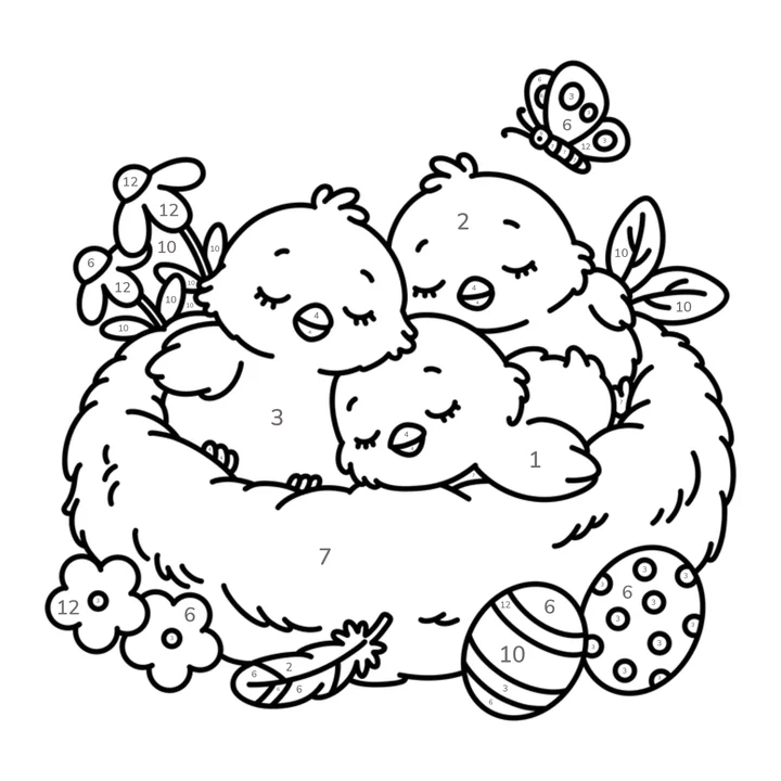 Easter color by number page: three sleepy chicks in a nest with painted eggs and flowers