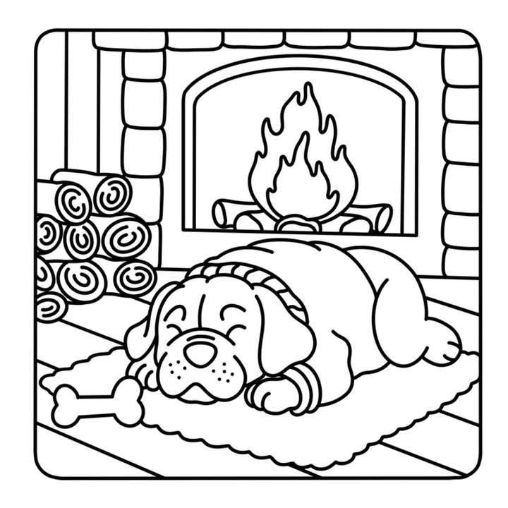 Cozy dog coloring page: a sleepy dog in a sweater napping by the fireplace