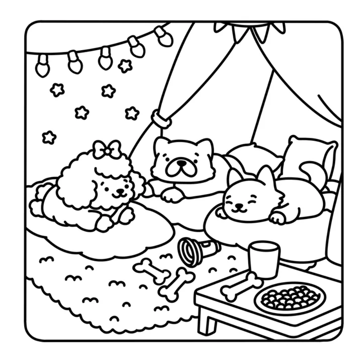 Cute dog coloring page: puppies and a cat at a pajama party under fairy lights