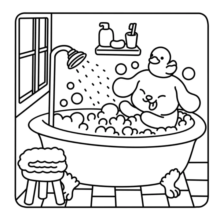 Cute dog coloring page: a happy puppy in a bubble bath with a rubber duck