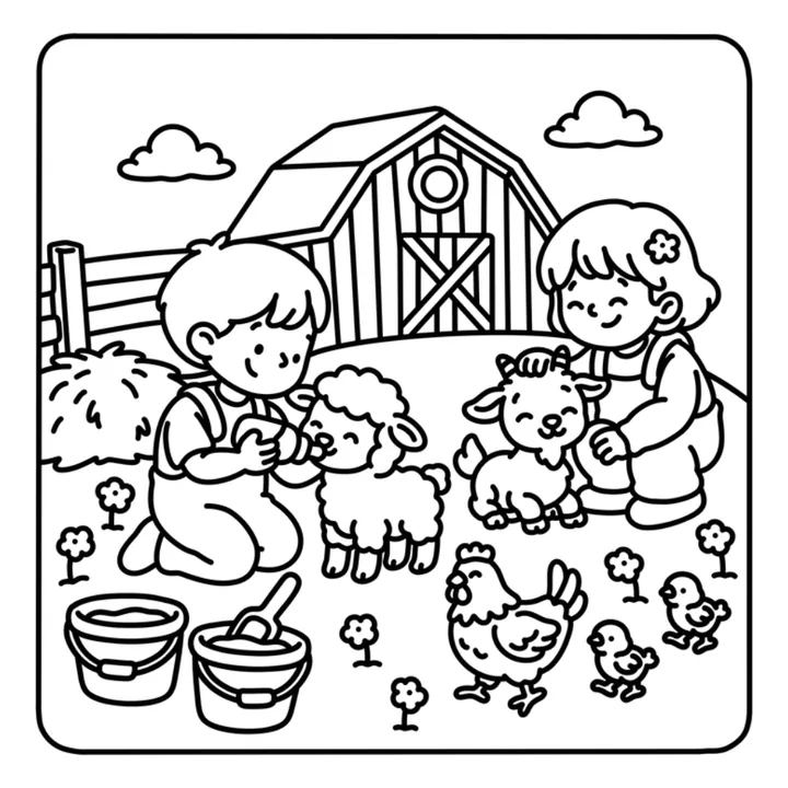 Cute Easter coloring page: children feeding lambs and chicks on a farm in spring