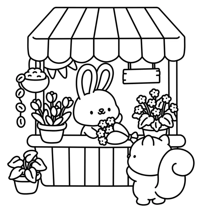 Cute Easter coloring page: a bunny selling tulips at a flower stand with a squirrel customer