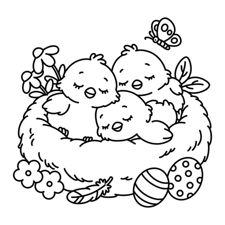 Cute Easter coloring page: fluffy chicks snuggled in a nest with painted eggs