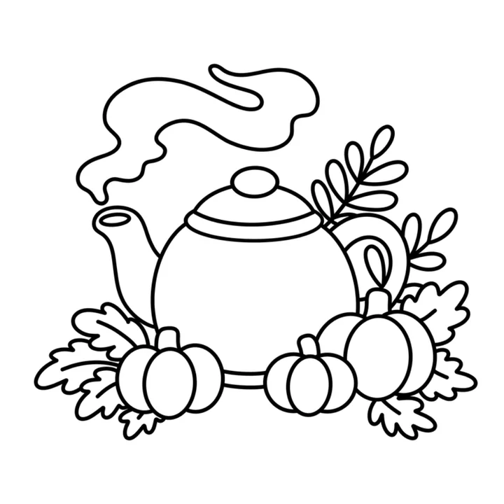 Cozy fall coloring page: a teapot surrounded by little pumpkins and autumn leaves
