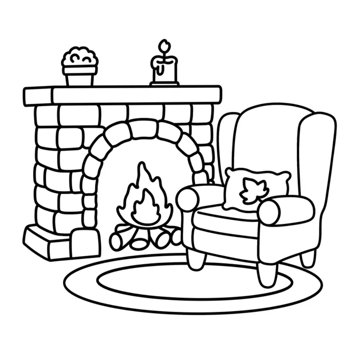 Cozy fall coloring page: an armchair and side table beside a crackling fireplace