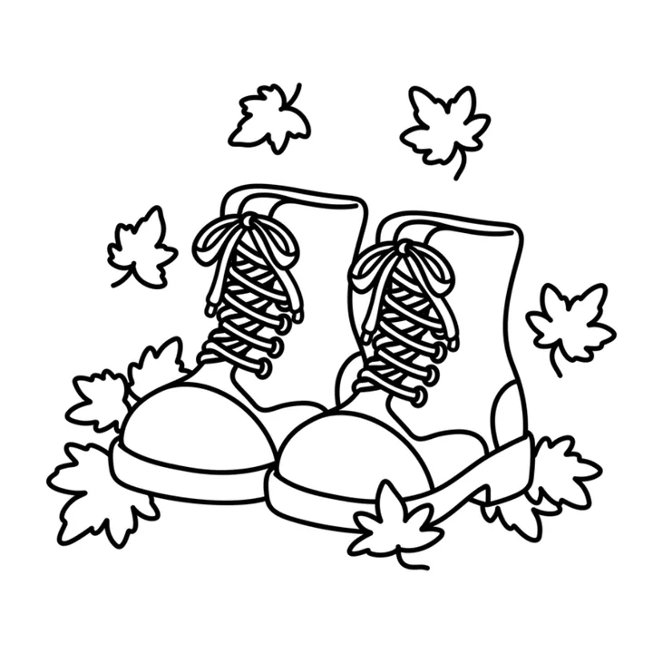 Cute fall coloring page: a pair of laced boots standing in a pile of autumn leaves