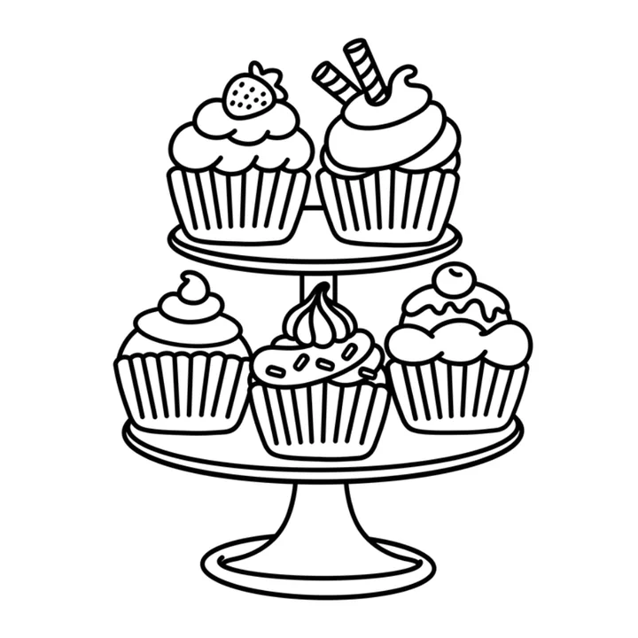 Cute food coloring page: frosted cupcakes on a tiered cake stand