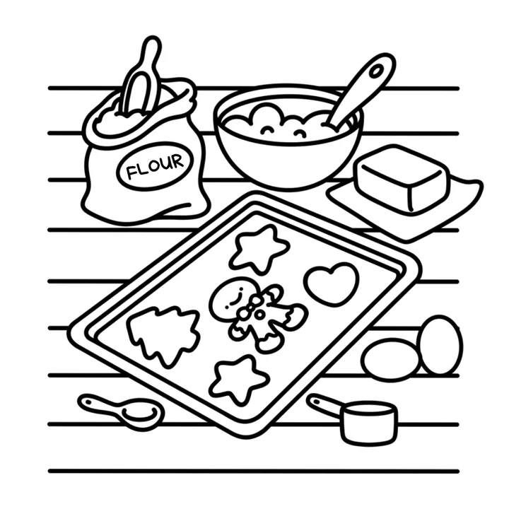 Cute food coloring page: a baking tray of heart cookies with a mixing bowl and rolling pin