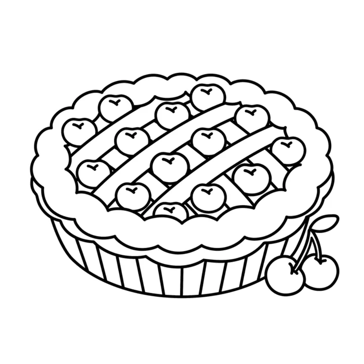 Cute food coloring page: a lattice cherry pie with fresh cherries