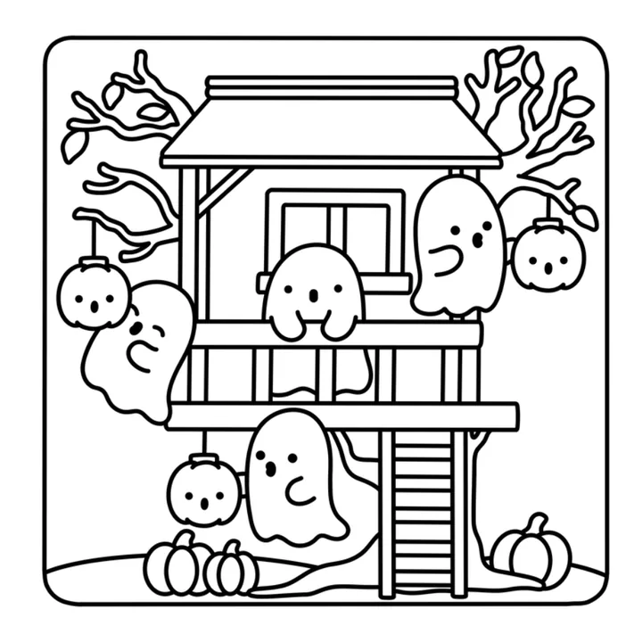Cute Halloween coloring page: little ghosts and pumpkins around a spooky treehouse