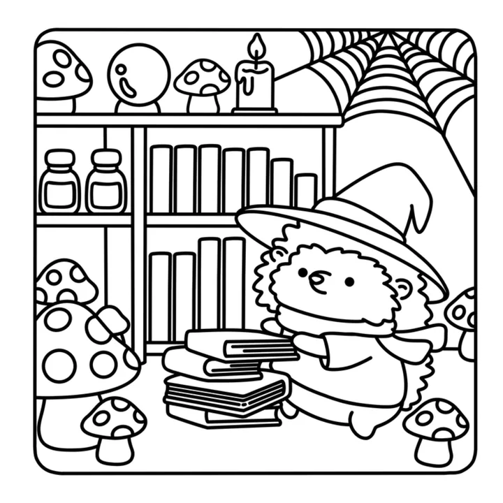 Cute Halloween coloring page: a hedgehog in a witch hat reading in a cozy library with cobwebs and mushrooms