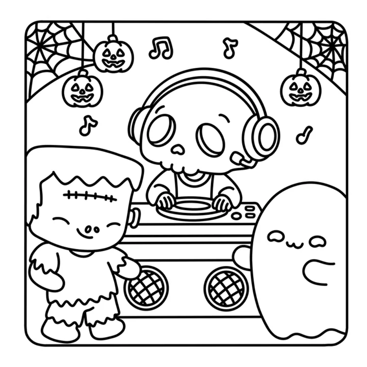 Cute Halloween coloring page: a skeleton DJ, a ghost and friends at a Halloween party