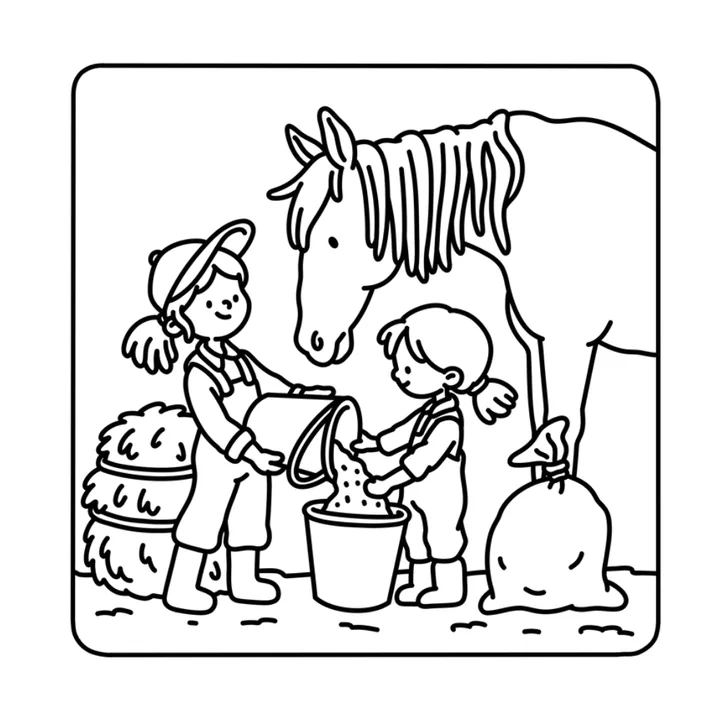 Cute horse coloring page: two children feeding a friendly horse