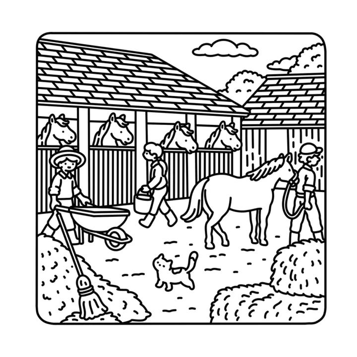 Cozy horse coloring page: horses in a wooden stable with hay bales