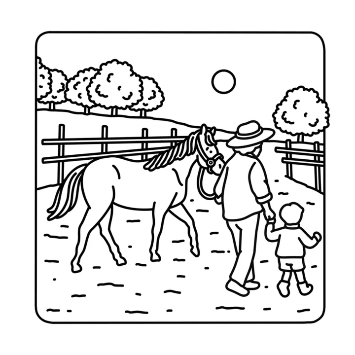 Cute horse coloring page: a girl leading a horse along a fence in the fields