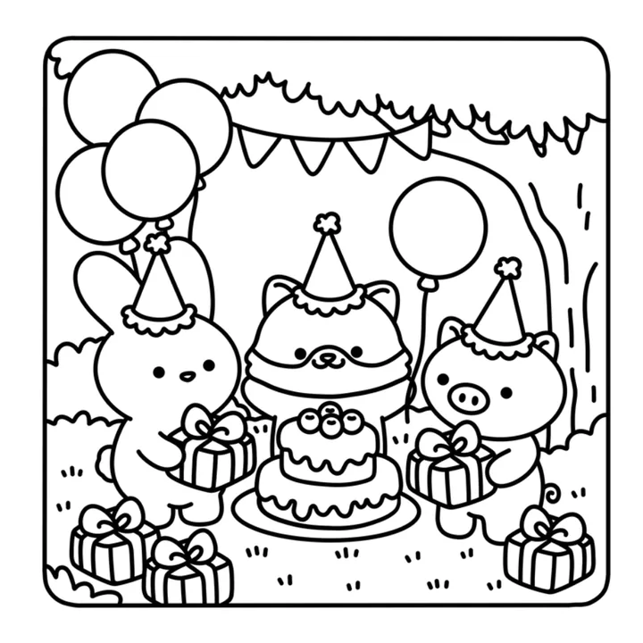 Kawaii coloring page: little animals in party hats around a birthday cake with balloons and presents