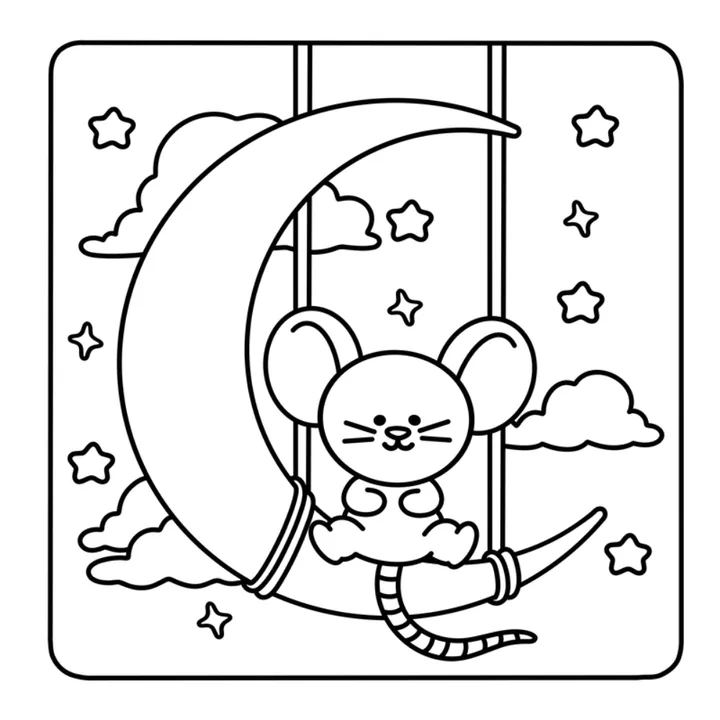 Kawaii coloring page: a sleepy mouse on a swing hanging from a crescent moon among the stars