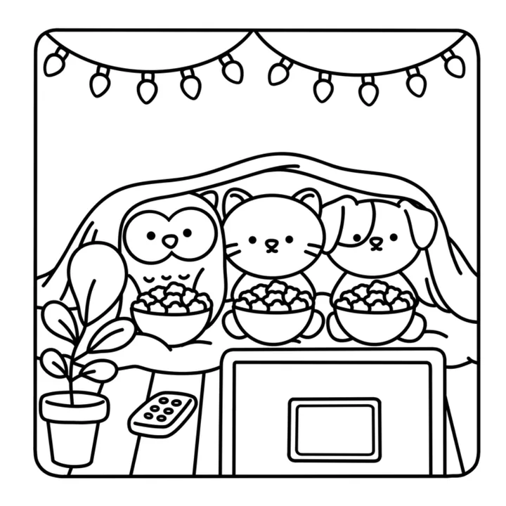 Kawaii coloring page: three plushie friends in a blanket fort under fairy lights with popcorn