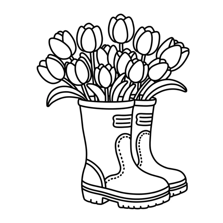 Cute spring coloring page: a bunch of tulips growing out of a pair of rain boots