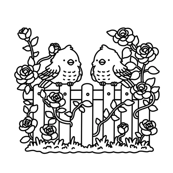 Cute spring coloring page: two little birds on a garden fence covered in roses