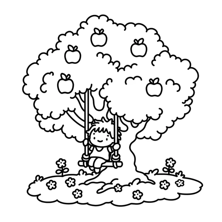 Cozy spring coloring page: a child on a swing in a blossoming apple tree