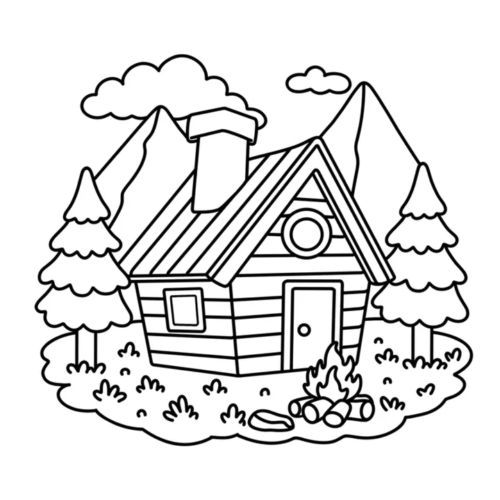 Cozy summer coloring page: a log cabin among pine trees and flowers
