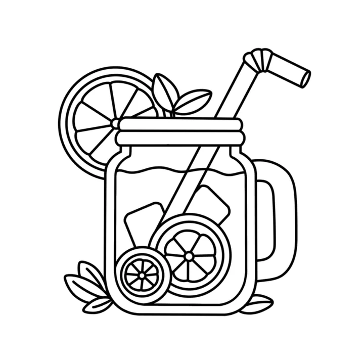 Cute summer coloring page: a jar of lemonade with lemon slices, ice and a straw