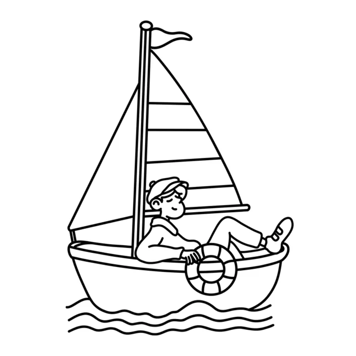 Cute summer coloring page: a little sailboat with a life ring on the water