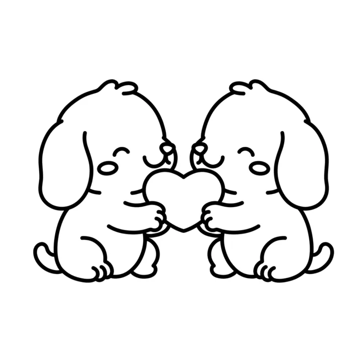 Free cute Valentine coloring page: two puppies holding a heart together