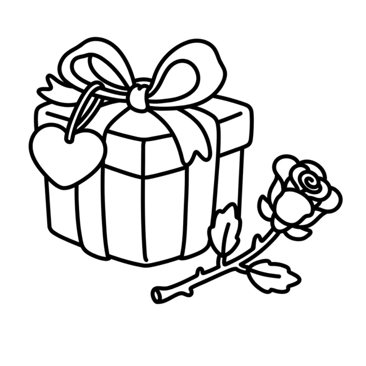Cute Valentine coloring page: a wrapped gift box with a bow and a single rose