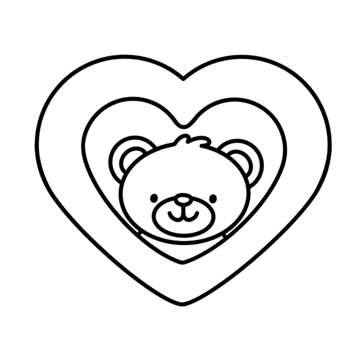 Cute Valentine coloring page: a teddy bear inside a big heart frame