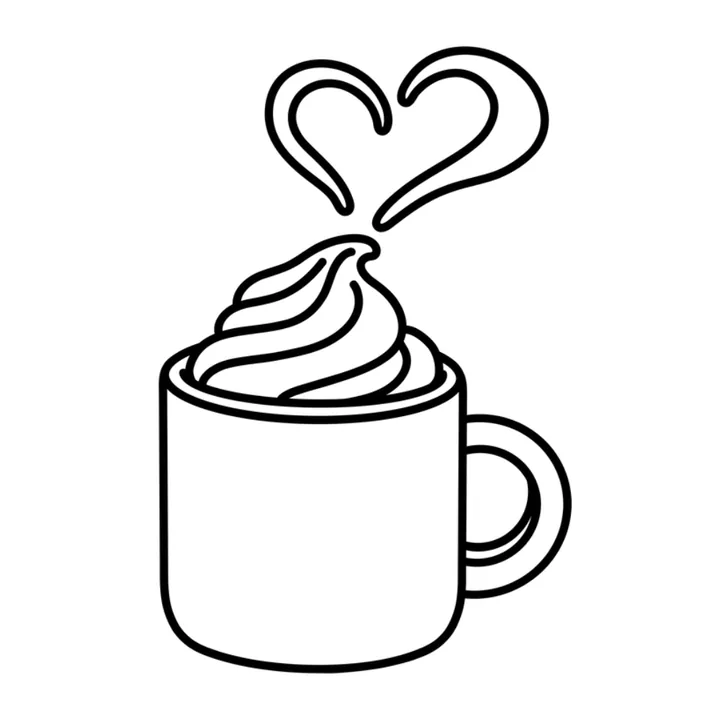 Cute Valentine coloring page: a mug of hot cocoa with whipped cream and heart-shaped steam