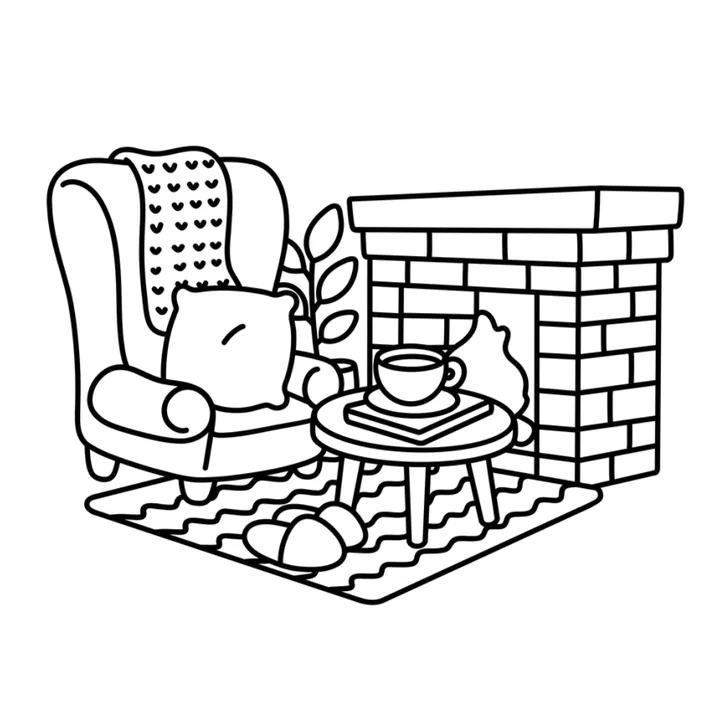 Cozy winter coloring page: an armchair with a blanket beside a brick fireplace and a cup of tea