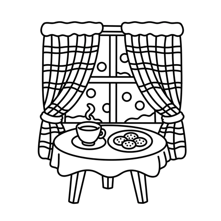 Cozy winter coloring page: a snowy window with checked curtains, tea and cookies on a little table