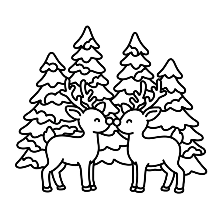 Cute winter coloring page: two reindeer touching noses in a snowy pine forest