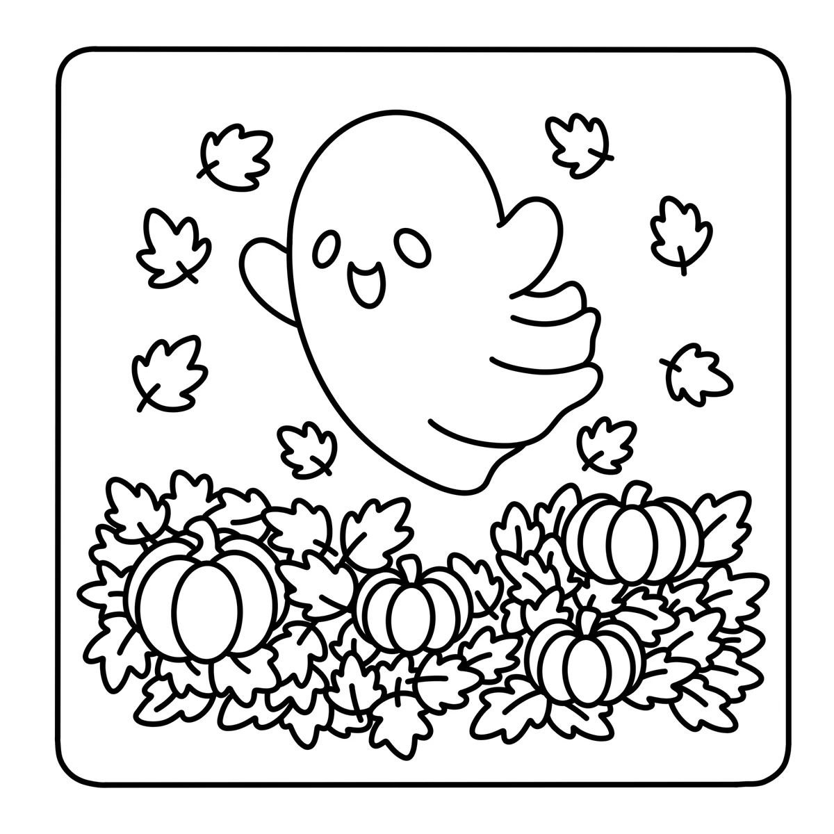 Halloween coloring page: a smiling ghost floating above a pumpkin patch with autumn leaves