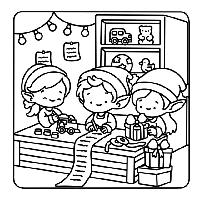 Coloring page: elves wrapping presents in Santa's workshop