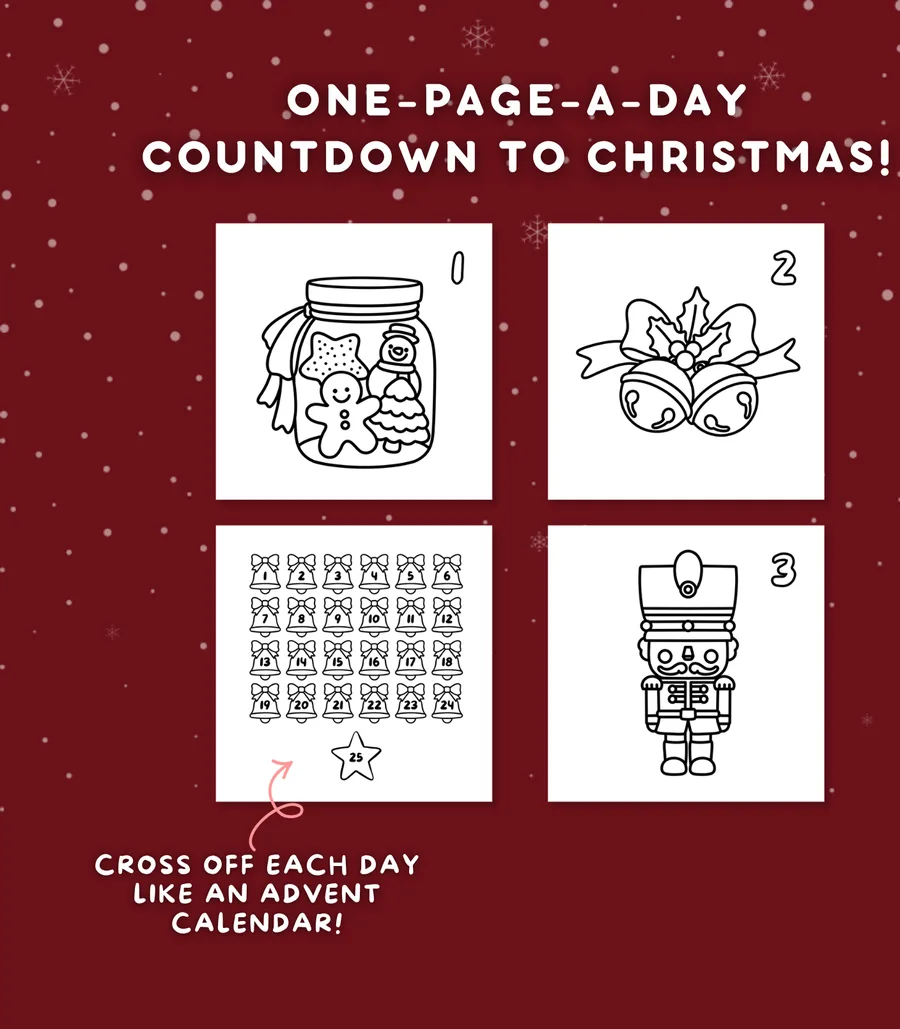 Pages from Christmas Countdown: a cookie jar marked 1, jingle bells marked 2, a nutcracker marked 3, and a tracker to cross off each day
