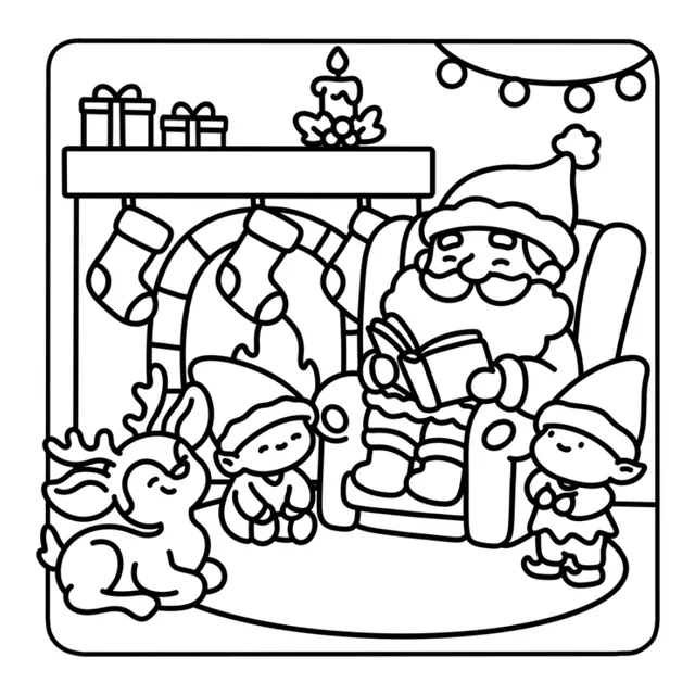 Coloring page: Santa reading to children by the fireplace